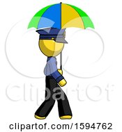 Yellow Police Man Walking With Colored Umbrella