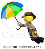 Poster, Art Print Of Yellow Detective Man Flying With Rainbow Colored Umbrella