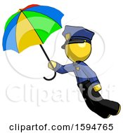 Yellow Police Man Flying With Rainbow Colored Umbrella