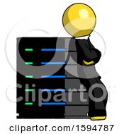 Poster, Art Print Of Yellow Clergy Man Resting Against Server Rack Viewed At Angle
