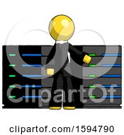Poster, Art Print Of Yellow Clergy Man With Server Racks In Front Of Two Networked Systems