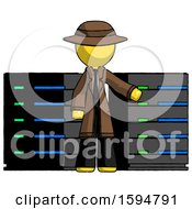 Poster, Art Print Of Yellow Detective Man With Server Racks In Front Of Two Networked Systems