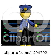 Poster, Art Print Of Yellow Police Man With Server Racks In Front Of Two Networked Systems