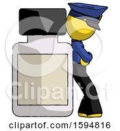 Yellow Police Man Leaning Against Large Medicine Bottle
