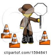 Poster, Art Print Of Yellow Detective Man Holding Stop Sign By Traffic Cones Under Construction Concept