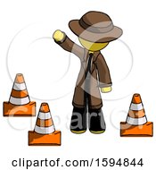 Poster, Art Print Of Yellow Detective Man Standing By Traffic Cones Waving