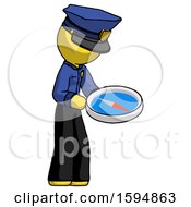 Poster, Art Print Of Yellow Police Man Looking At Large Compass Facing Right
