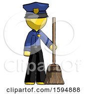 Yellow Police Man Standing With Broom Cleaning Services
