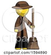 Poster, Art Print Of Yellow Detective Man Standing With Broom Cleaning Services