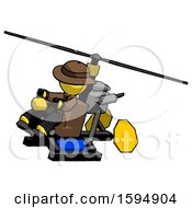 Poster, Art Print Of Yellow Detective Man Flying In Gyrocopter Front Side Angle Top View