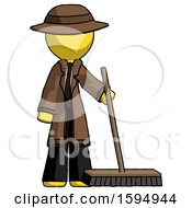 Yellow Detective Man Standing With Industrial Broom