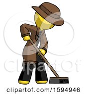 Poster, Art Print Of Yellow Detective Man Cleaning Services Janitor Sweeping Side View