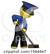 Poster, Art Print Of Yellow Police Man Cleaning Services Janitor Sweeping Side View