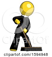 Poster, Art Print Of Yellow Clergy Man Cleaning Services Janitor Sweeping Floor With Push Broom
