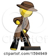 Poster, Art Print Of Yellow Detective Man Cleaning Services Janitor Sweeping Floor With Push Broom