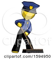 Poster, Art Print Of Yellow Police Man Cleaning Services Janitor Sweeping Floor With Push Broom