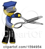 Poster, Art Print Of Yellow Police Man Holding Giant Scissors Cutting Out Something