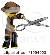 Poster, Art Print Of Yellow Detective Man Holding Giant Scissors Cutting Out Something