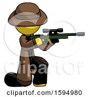 Poster, Art Print Of Yellow Detective Man Kneeling Shooting Sniper Rifle