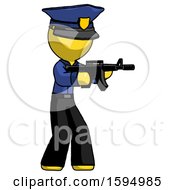 Poster, Art Print Of Yellow Police Man Shooting Automatic Assault Weapon