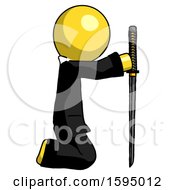Poster, Art Print Of Yellow Clergy Man Kneeling With Ninja Sword Katana Showing Respect