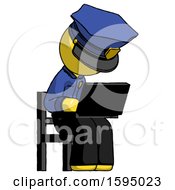 Poster, Art Print Of Yellow Police Man Using Laptop Computer While Sitting In Chair Angled Right