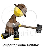 Poster, Art Print Of Yellow Detective Man Hitting With Sledgehammer Or Smashing Something