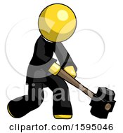 Poster, Art Print Of Yellow Clergy Man Hitting With Sledgehammer Or Smashing Something At Angle