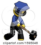 Poster, Art Print Of Yellow Police Man Hitting With Sledgehammer Or Smashing Something At Angle