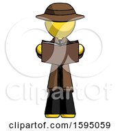 Yellow Detective Man Reading Book While Standing Up Facing Viewer