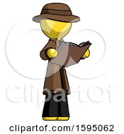 Poster, Art Print Of Yellow Detective Man Reading Book While Standing Up Facing Away