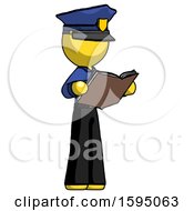 Yellow Police Man Reading Book While Standing Up Facing Away