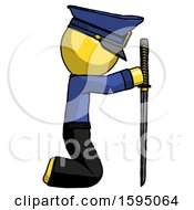 Poster, Art Print Of Yellow Police Man Kneeling With Ninja Sword Katana Showing Respect