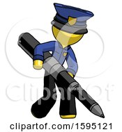 Poster, Art Print Of Yellow Police Man Writing With A Really Big Pen