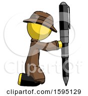 Yellow Detective Man Posing With Giant Pen In Powerful Yet Awkward Manner