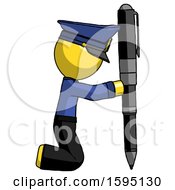 Yellow Police Man Posing With Giant Pen In Powerful Yet Awkward Manner