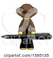 Poster, Art Print Of Yellow Detective Man Weightlifting A Giant Pen