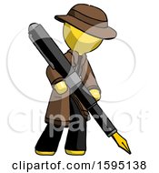 Yellow Detective Man Drawing Or Writing With Large Calligraphy Pen