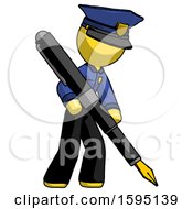 Yellow Police Man Drawing Or Writing With Large Calligraphy Pen