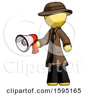 Poster, Art Print Of Yellow Detective Man Holding Megaphone Bullhorn Facing Right