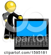 Poster, Art Print Of Yellow Clergy Man Beside Large Laptop Computer Leaning Against It
