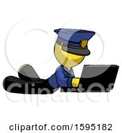 Poster, Art Print Of Yellow Police Man Using Laptop Computer While Lying On Floor Side Angled View