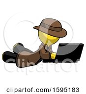 Poster, Art Print Of Yellow Detective Man Using Laptop Computer While Lying On Floor Side Angled View