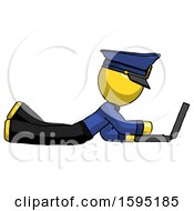Poster, Art Print Of Yellow Police Man Using Laptop Computer While Lying On Floor Side View