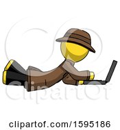 Poster, Art Print Of Yellow Detective Man Using Laptop Computer While Lying On Floor Side View