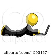 Poster, Art Print Of Yellow Clergy Man Using Laptop Computer While Lying On Floor Side View