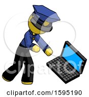 Poster, Art Print Of Yellow Police Man Throwing Laptop Computer In Frustration