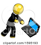 Poster, Art Print Of Yellow Clergy Man Throwing Laptop Computer In Frustration