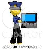 Poster, Art Print Of Yellow Police Man Holding Laptop Computer Presenting Something On Screen