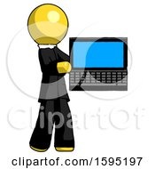Poster, Art Print Of Yellow Clergy Man Holding Laptop Computer Presenting Something On Screen